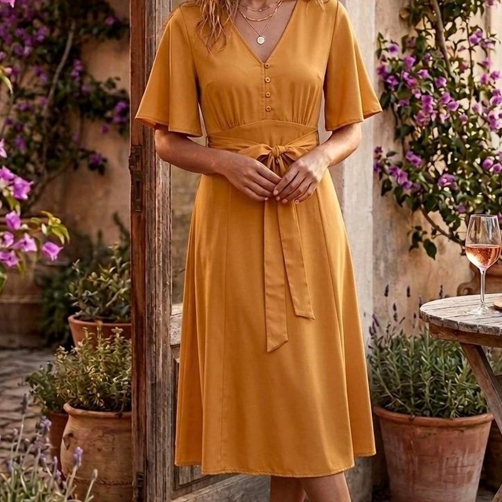 Mustard yellow midi dress with tie waist and button detail, SMALL